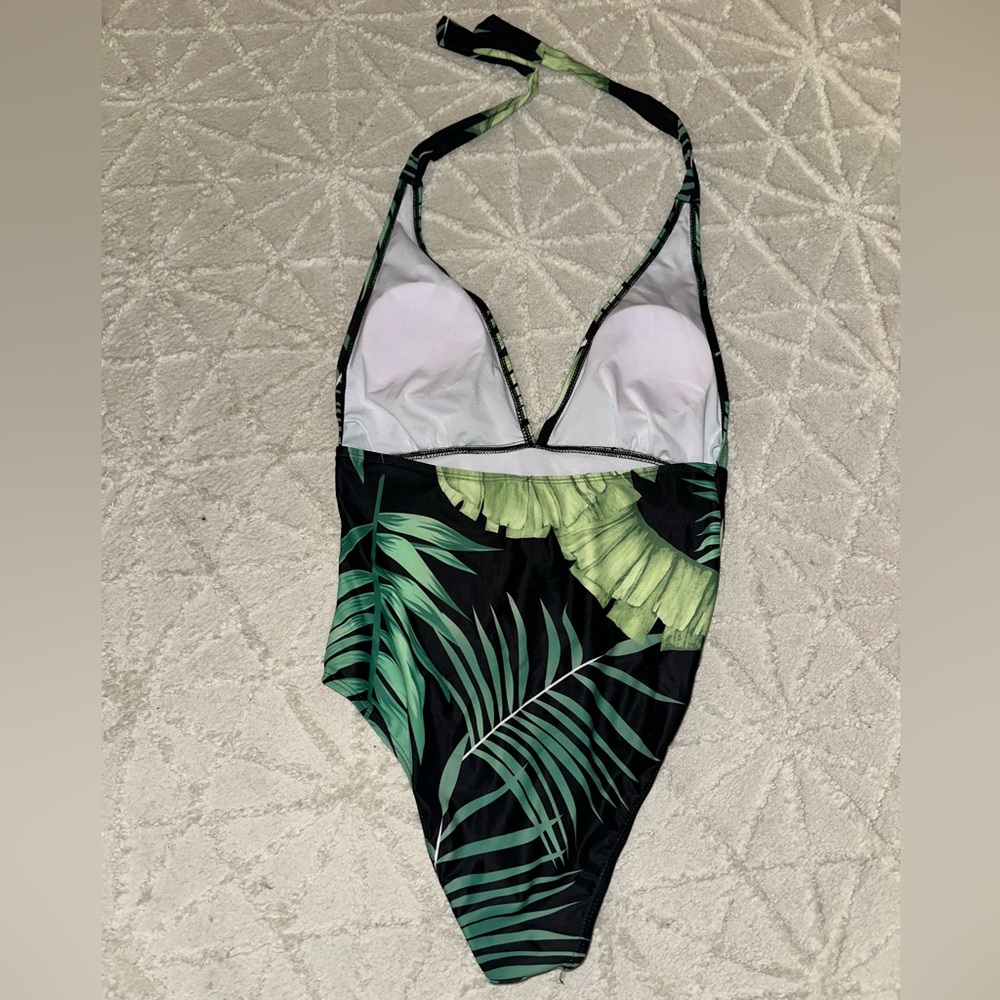 Tropical Halter One-Piece Swimsuit - Black & Green Leaf Print - Picture 6 of 7